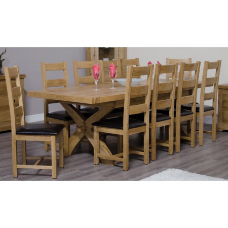 Deluxe Oak Cross Leg Extending Dining Table And Ten Chairs